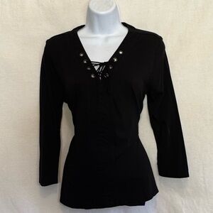 C-19 Cato Black‎ Lace up 1/2 Sleeve Pullover Blouse Size S